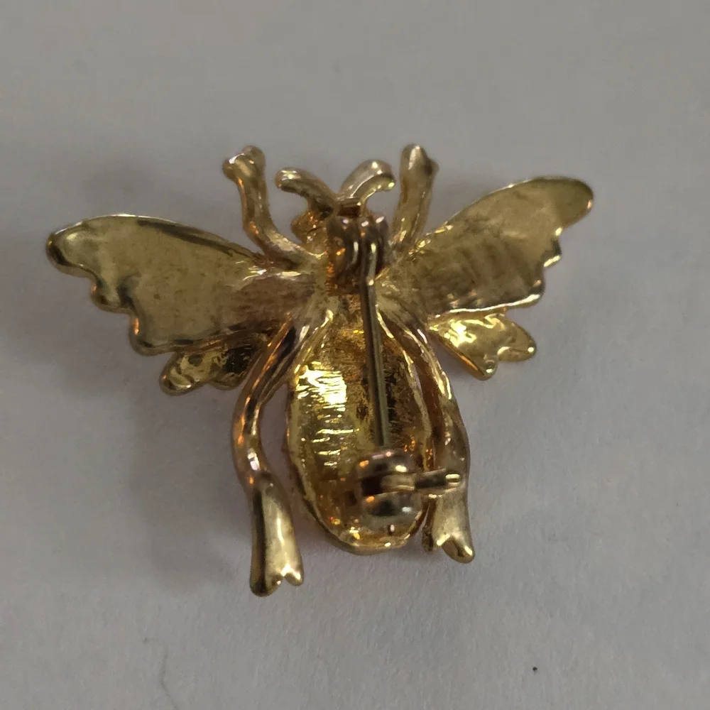 Vintage Bee Brooch Bumble Pink Rhinestones Faux Pearl Gold Tone bug
